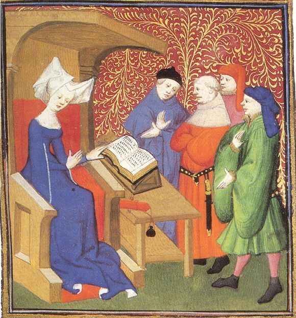 Christine de Pizan liest vor einer M&auml;nnergruppe.